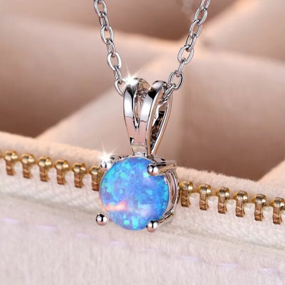 NEW 18k White Gold Blue Fire Opal Necklace Opal Pendant Necklace - Picture 3 of 5